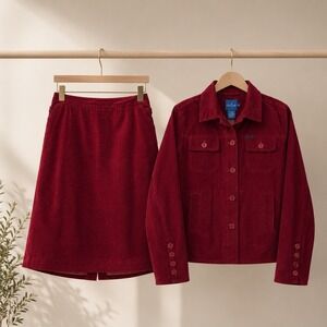 Faconnable Red Corduroy Chore Utility Jacket (Size M) & Skirt (Size 10) Set Vtg